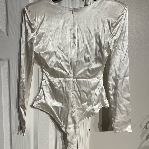 NWT Satin Bodysuit Long sleeve ruched draped fit bodice shiny wedding coquette - Picture 6 of 9